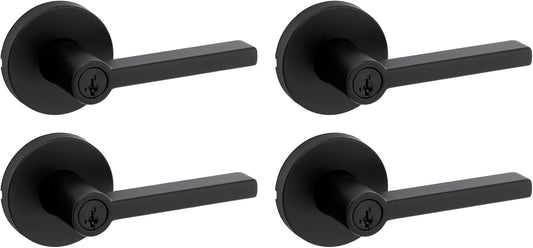 Kwikset Halifax Entry Door Handle with Lock and Key, Secure Keyed Reversible Lever Exterior, for Front Entrance and Bedrooms, Matte Black, 4 Pack, Pick Resistant SmartKey Rekey Security and Microban