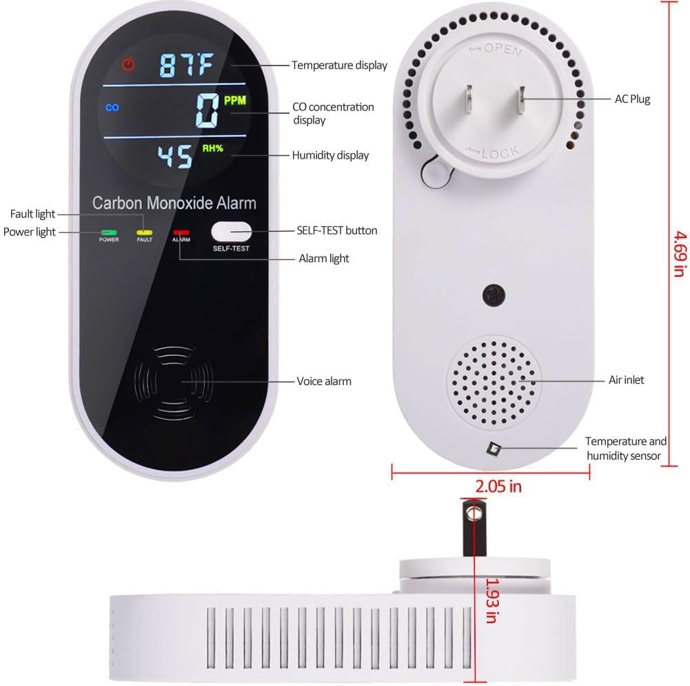 Carbon Monoxide Detector Plug in Wall, WESHLGD Portable Carbon Monoxide Detector for Travel, 3-in-1 CO Detector for Home and Travel Camping(CO Gas Meter Temperature Humidity Sensor), KH106, Black