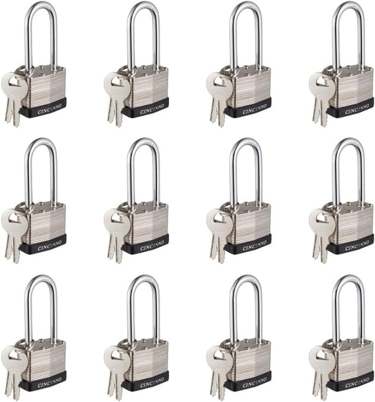 40mm Keyed Alike Nickel Plated Laminated Steel Padlock, 1-9/16" Wide Body 2-inch Long Shackle Padlocks with Keys Pack of 12