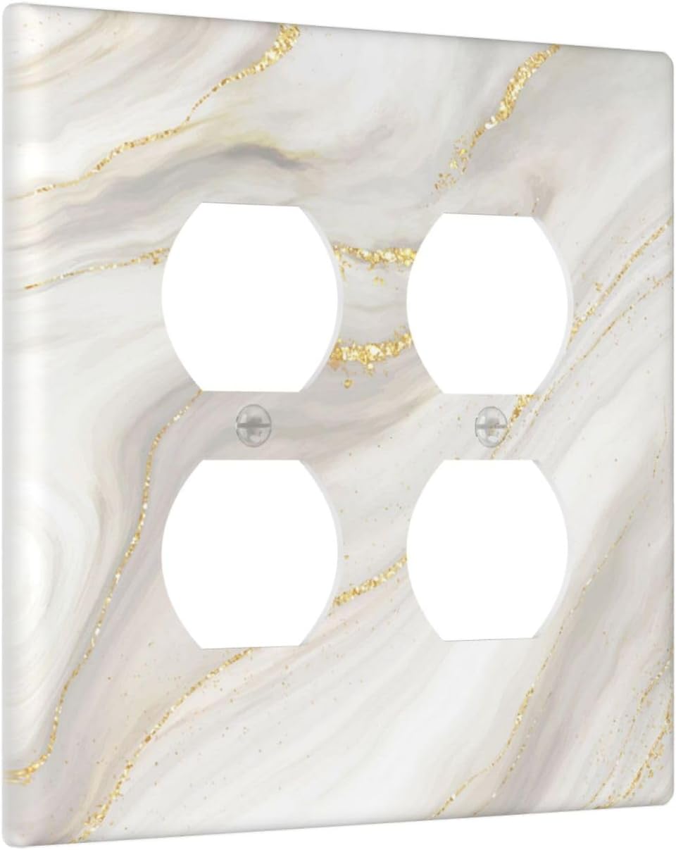 White Grey Gold Marble Simple Tiles Outlet Covers 2 Gang Double Duplex Decorative Light Switch Covers Electrical Wallplates Socket Faceplate for Bathroom Kitchen Decor