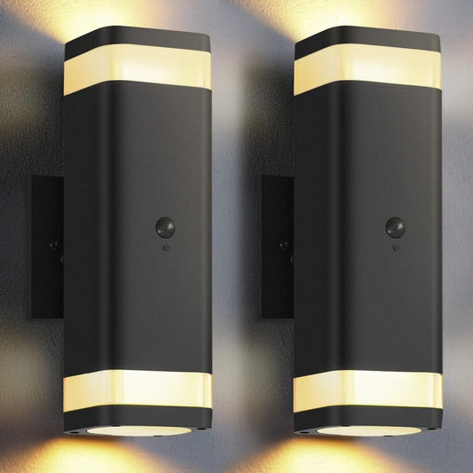SHIMR Motion Sensor Outdoor Wall Lights 2 Pack, Modern Dusk to Dawn Up Down Sconce with 3 Modes, WaterprExterior Lighting Fixtures for Porch Garage Patio, 3000K LED Bulb Included, Black Finish