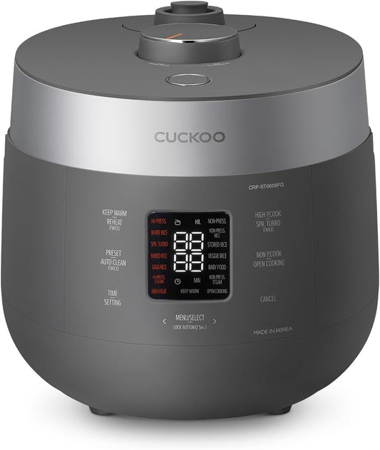 CUCKOO Twin Pressure Rice Cooker 6-Cup Uncooked / 12-Cup Cooked with Nonstick Inner Pot, Versatile Rice Maker & Warmer with 16 Menu Options, Open Cooking Mode, Voice Guide, Gray (CRP-ST0609FG)
