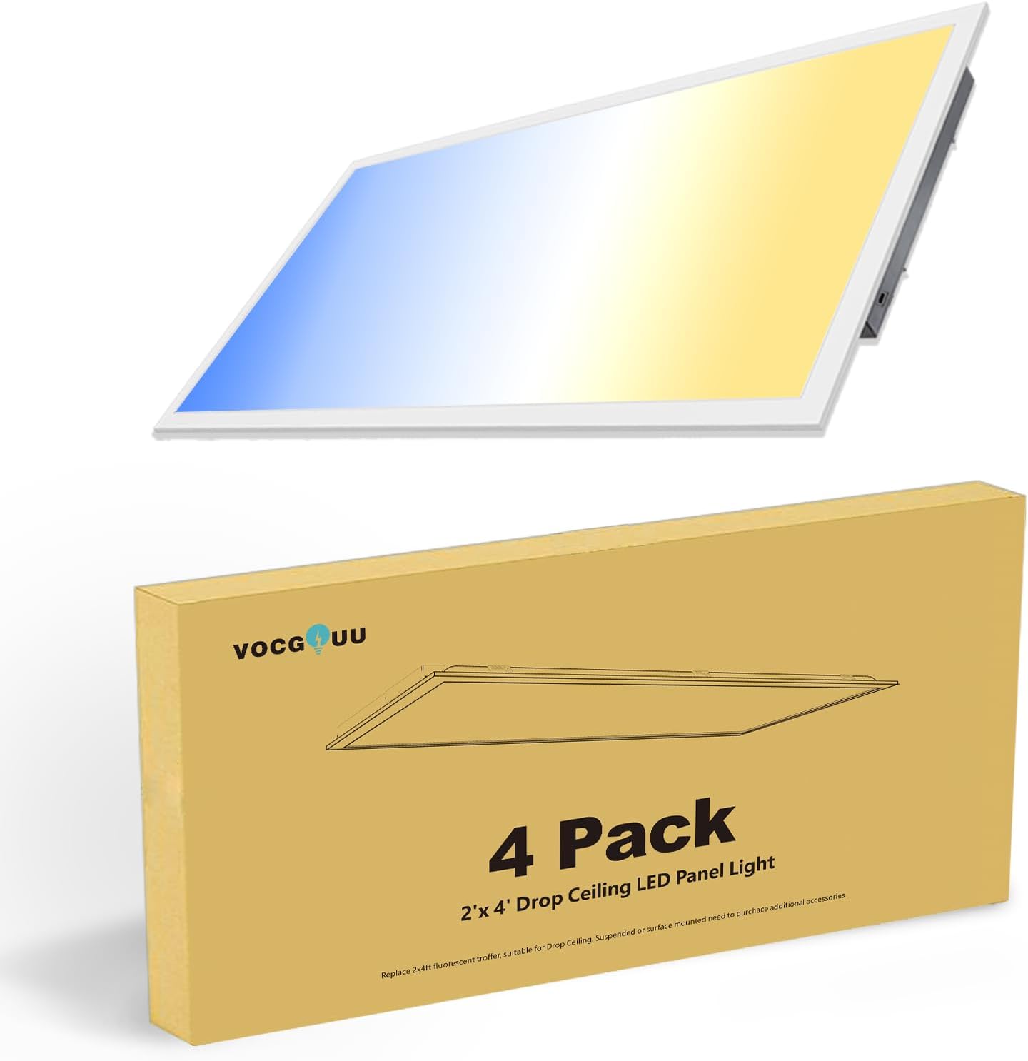 4 Pack 2x4 LED Flat Panel Light Fixture, Drop Ceiling Office Lights 3000K/4000K/5000K Switchable, 30W/40W/50W Selectable, 0-10V Dimmable, Dustproof, ETL
