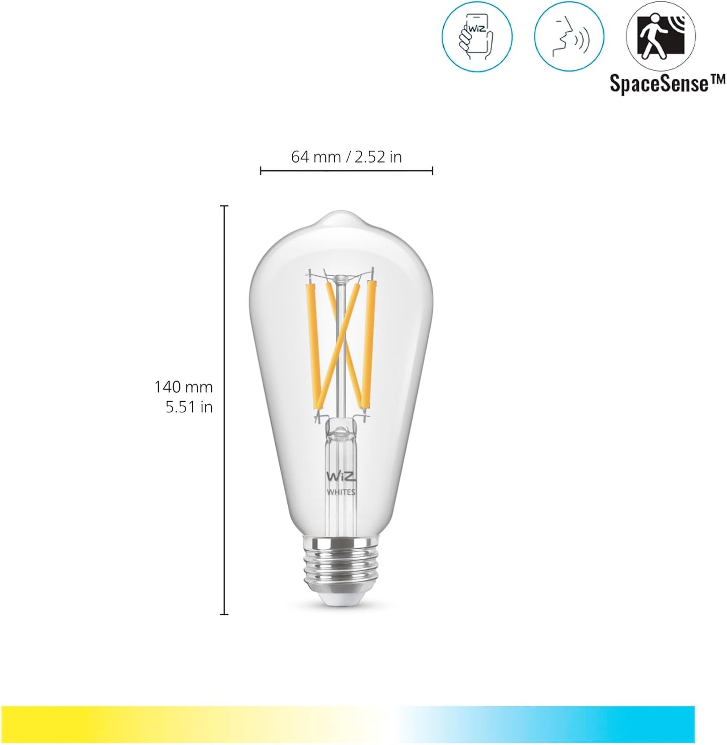 WiZ Connected 60W ST19 Tunable White Filament LED Smart Light Bulbs - Connects to Your Wi-Fi - E26 Smart Bulb - Control with Voice or App + Activate with Motion - Matter Compatible - 1 Pack