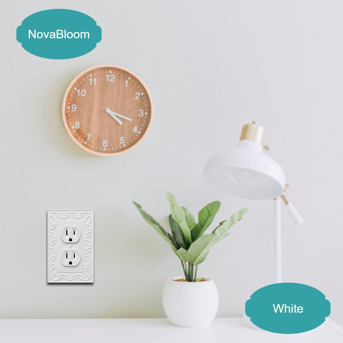 Single Duplex Outlet Cover Plate, 4-Pack White NovaBloom Metal Wall Plate 1 Gang, Light Switch Cover, for Receptacle Light Switch, Switch Cover Decorative Wallplate, Durable