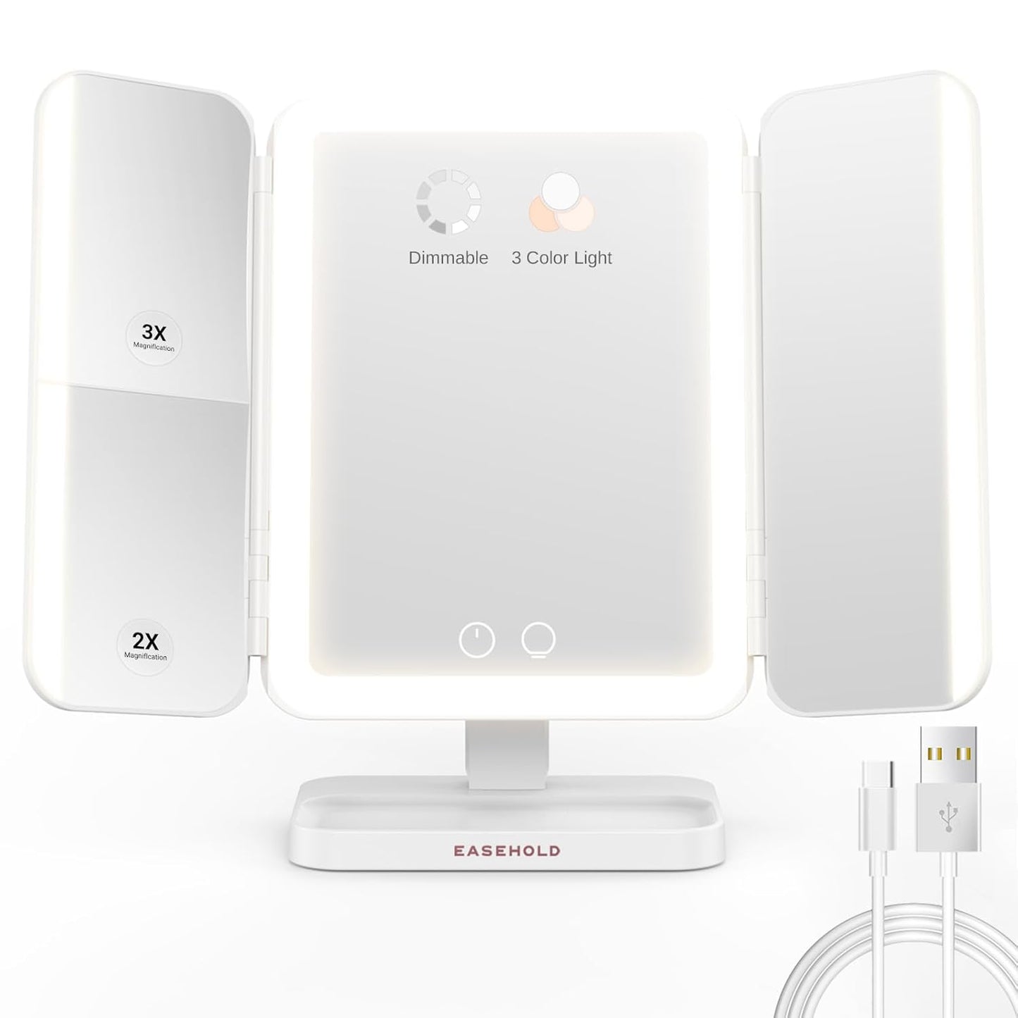 EASEHOLD Makeup Mirror with Lights, Rechargable Lighted Vanity Mirror with 116 LEDs, 1X/2X/3X Magnifying, 3-Color Mirror with LED Lights,5000 mAh Lighted Makeup Mirror, Adjustable Brightness/Angle
