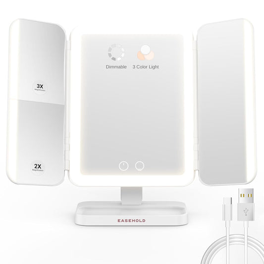 EASEHOLD Makeup Mirror with Lights, Rechargable Lighted Vanity Mirror with 116 LEDs, 1X/2X/3X Magnifying, 3-Color Mirror with LED Lights,5000 mAh Lighted Makeup Mirror, Adjustable Brightness/Angle