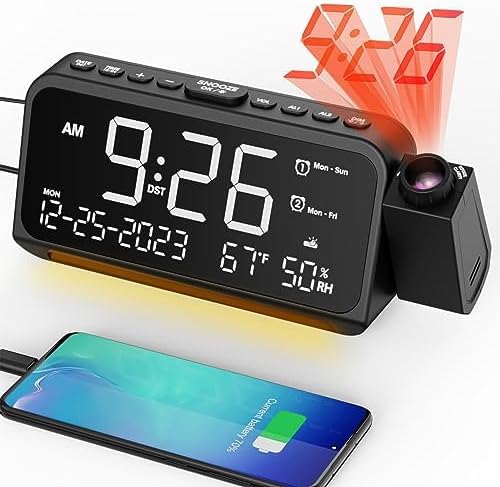 Mesqool Projection Alarm Clock for Bedroom, Digital Clock with Projection on Ceiling with Night Light, Date, Temperature, Humidity, Type-C USB Charger, Snooze, Dual Alarms, Dimmer,12/24H