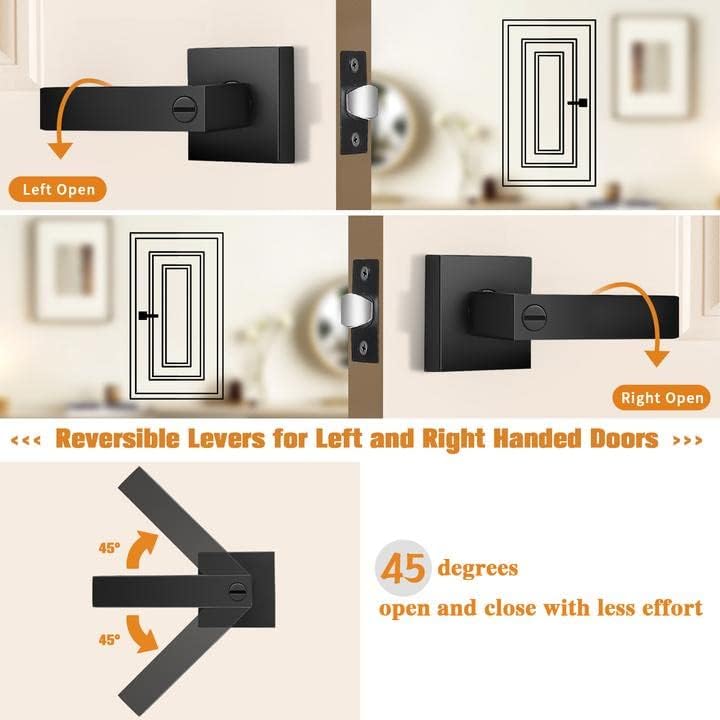 Probrico Interior Black Door Handle, Heavy Duty, Flat Square Privacy Door Handles, Keyless Door Levers Lockset for Bedroom and Bathroom (2 Pack, Modern)