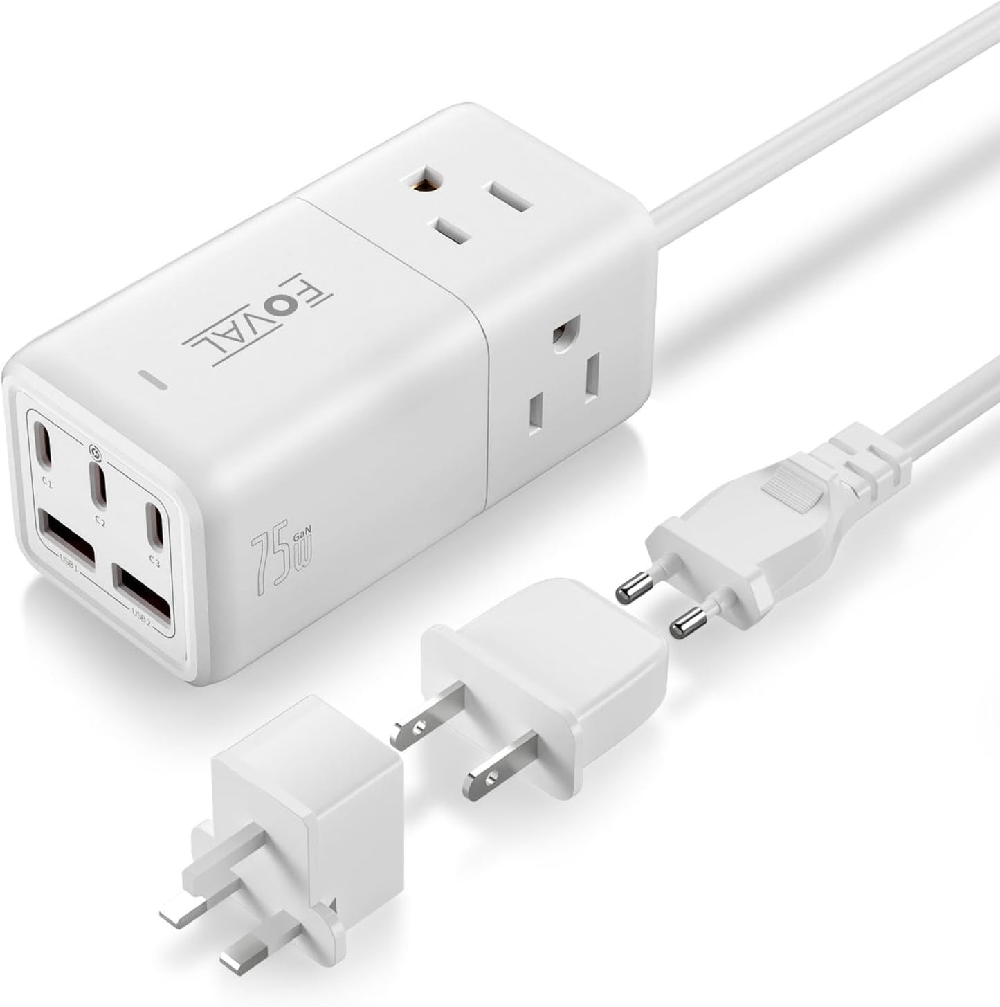 European Travel Plug Adapter, FOVAL US to UK Europe Power Strip 75W USB C Charger with 5 USB Ports, 3 AC Outlets, 5ft Extension Cord, for Spain, France, Ireland, Travel Home Cruise Ship