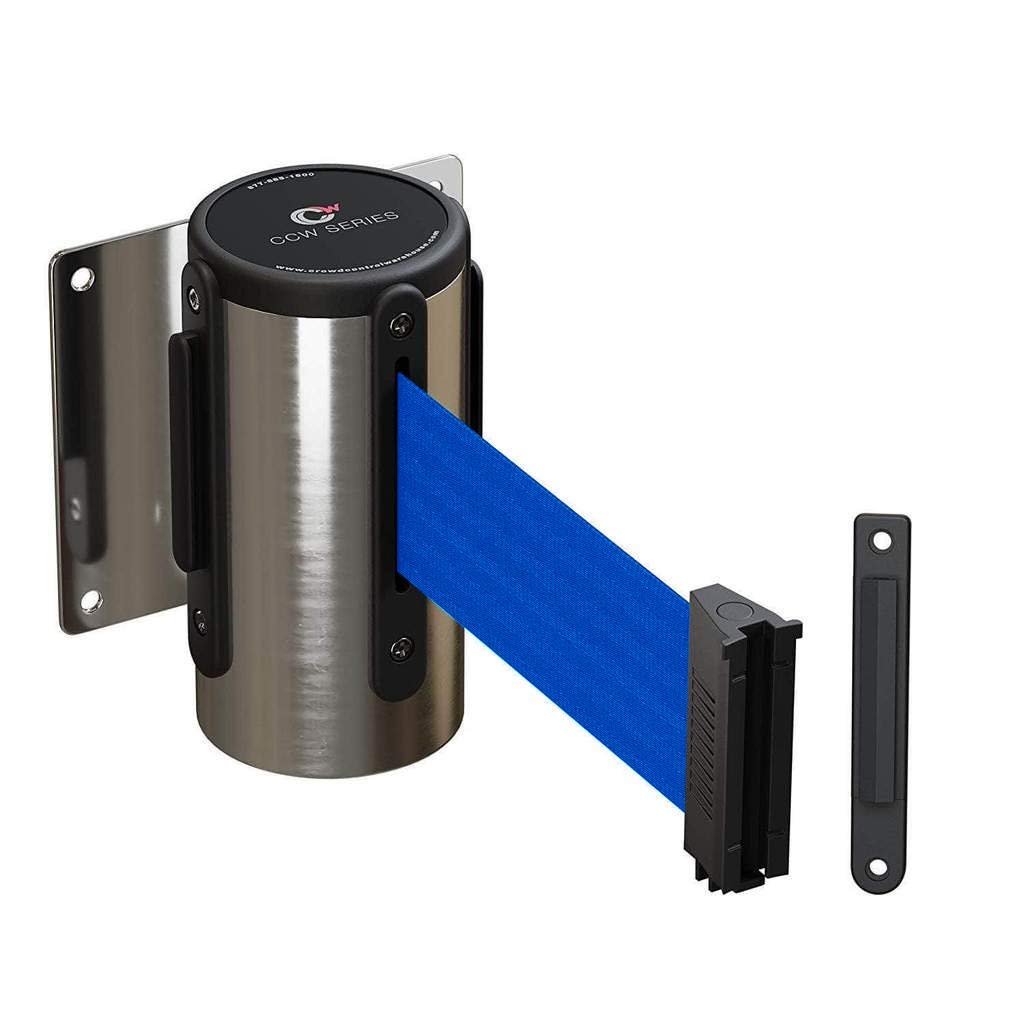 Crowd Control Warehouse - CCW Series WMB-120 Fixed Wall Mount Retractable Belt Barrier - 11 Foot, Blue Belt with Stainless Steel Case