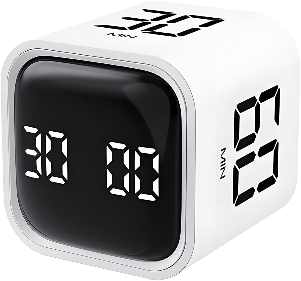 Pomodoro Timer, Cube Productivity Timer with Adjustable Sound and Vibration Alert, Ideal for Work, Office, ADHD, Study, and Tasks - 5/10/30/60 Minutes & Custom Countdown - White