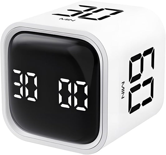 Pomodoro Timer, Cube Productivity Timer with Adjustable Sound and Vibration Alert, Ideal for Work, Office, ADHD, Study, and Tasks - 5/10/30/60 Minutes & Custom Countdown - White