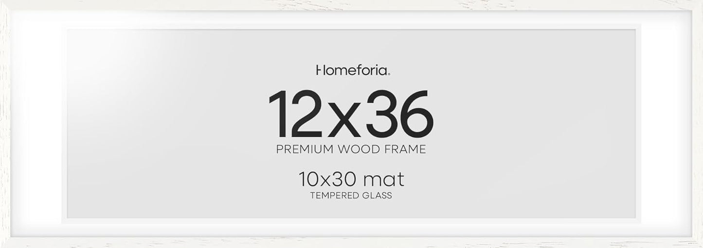 Homeforia 12x36 White Picture Frame, High End Oak 12x36 Wood Poster Frames with Mat 10x30 Art, 12 x 36 White Wooden Frames Matted to 10 by 30, 36x12 Panoramic Frame, Tempered Glass, Wall Kit, Set of 1