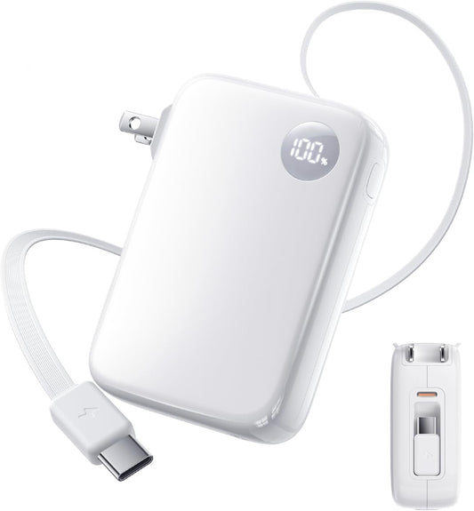 HOU 10000mAh Portable Power Bank with Retractable USB-C Cable, 35W Fast Charging, Dual Device Charging, Foldable Wall Plug, FCC/UL Certified 3 in 1 PD Charger for iPhone, Samsung, iPad, etc