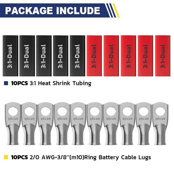 haisstronica 10pcs 2/0 AWG - 3/8"(M10) Tinned Copper Battery Lugs, Heavy Duty Wire Lugs with 10pcs 3:1 Adhesive Heat Shrink Tubing, 00 Gauge Wire Lugs, Tinned Copper Battery Cable Ends