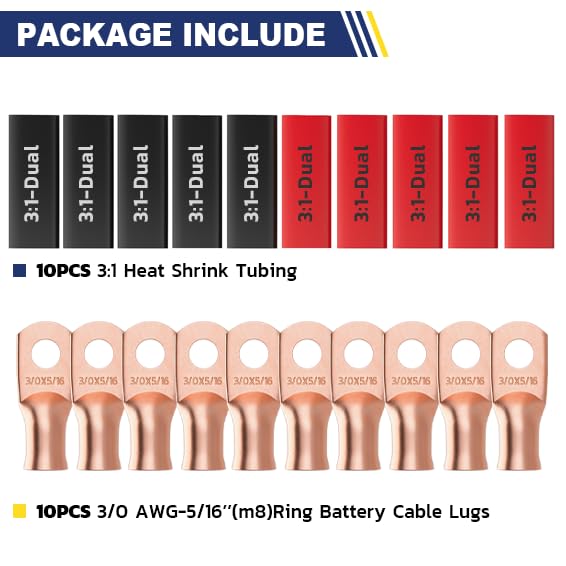 haisstronica 10pcs 3/0 AWG - 5/16"(M8) Battery Cable Lugs, Heavy Duty Copper Wire Lugs with 10pcs 3:1 Adhesive Heat Shrink Tubing, 000 Gauge Wire Lugs, Battery Terminal Connector, Battery Cable Ends