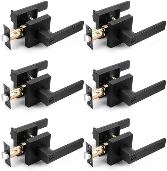 Probrico Interior Black Door Handle, Heavy Duty, Flat Square Privacy Door Handles, Keyless Door Levers Lockset for Bedroom and Bathroom (6 Pack, Modern)