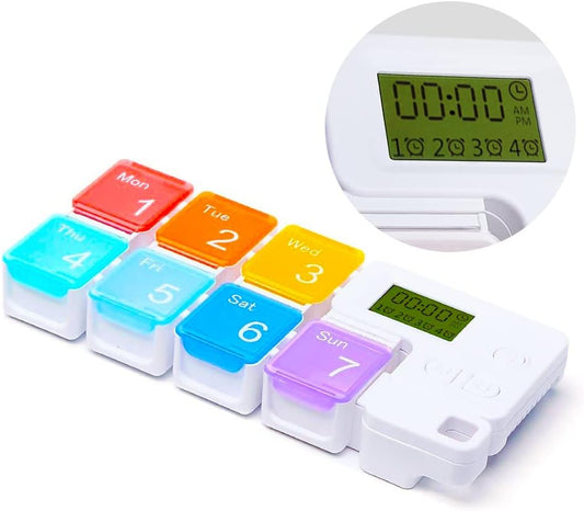 7 Day Medicine Pill Organizer, 4 Reminder Alarms, Loud Sound, 7 Large Compartments, Large Screen, Moisture-Proof, Dust-Proof, Travel Weekly/Daily Pill Box/Organizer/Case/Container/Dispenser, TBSoon