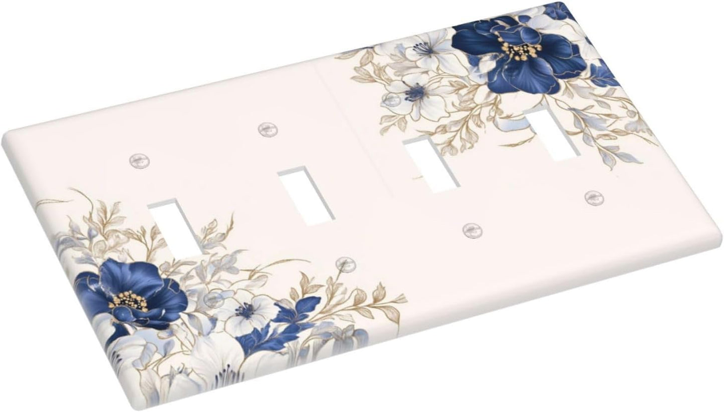 Decorative Light Switch Cover Plate Rustic Blue White Flowers Floral Penoy 4 Gang Wall Plate Oversized Quad Toggle Switch Cover Plate Jumbo Face Plate for Bedroom Decor