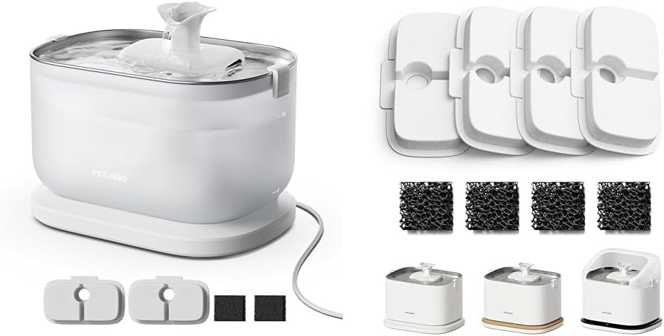 PETLIBRO Cat Water Fountain + PETLIBRO Genuine 4 Packs Filters, Cat Fountain Indoor Stainless Steel Tray, 2.5L/84oz Wireless Pump Pet Water Fountain, Cat Water Dispenser with Two Flow Modes