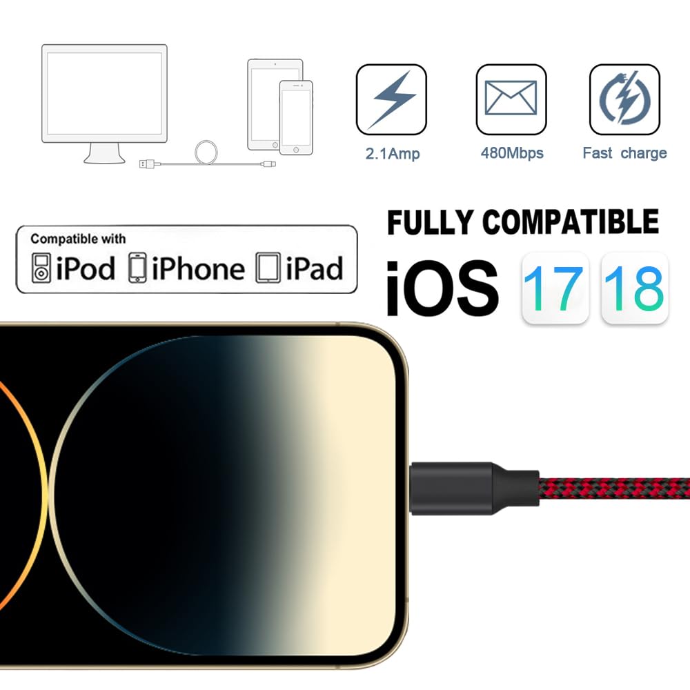TAKAGI for iPhone Charger, [MFi Certified] Lightning Cable 3PACK 6FT Nylon Braided USB Charging Cable High Speed Transfer Cord Compatible with iPhone 14/13/12/11 Pro Max/XS MAX/XR/XS/X/8/iPad(Red)