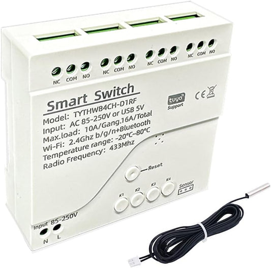 Tuya WiFi Smart Temperature Sensor Controller, 4CH 85-250V Relay Switch, Remote Voice Control, APP Remote Control, Dry Contact, Real-Time Monitoring, Compatible with Alexa and Google Home