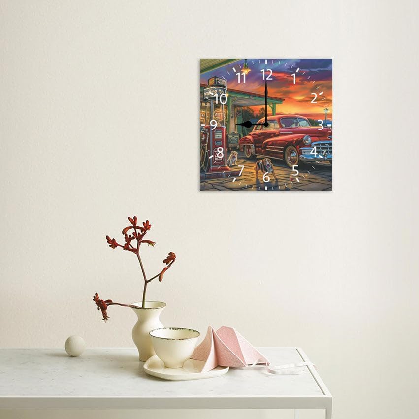 10 in Old Fashioned Gas Station Car -270 Wood Wall Clock – Digital Time Display, Smart Home Compatible for Bedside or Workspace