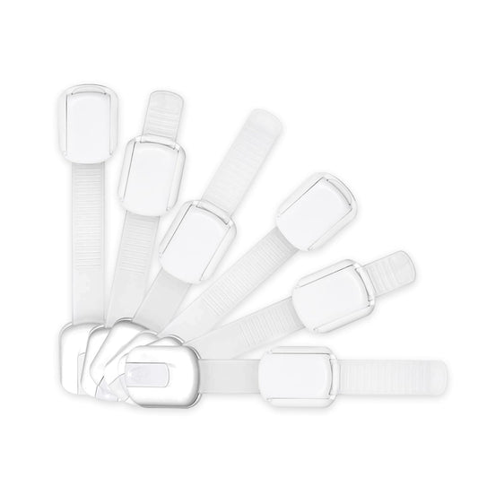 Adjustable & Reusable Child Safety Cabinet Locks & Latches, Baby Proofing Door Window, Cabinet, Toilet, & Refrigerator Lock, Child Safety Strap Locks with Adhesive Pads, Pack of 6, White - Wonderkid