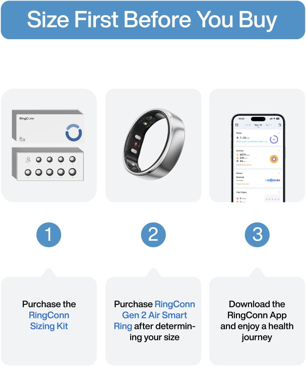 RingConn Gen 2 Air, Ultra-Thin AI Smart Ring, 10-Day Battery Life, Fitness/Sleep/Stress/HR Tracker for Women&Men, No App Fee for Standard Features, iOS & Android Compatible (Size 10, Galaxy Sliver)