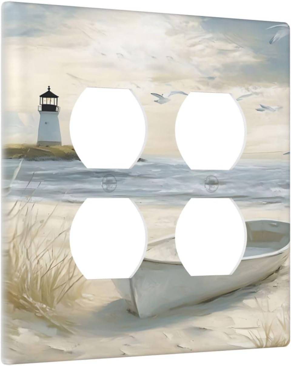 Decorative Outlet Covers Seascape Painting with Lighthouse Boats 2 Gang Wall Plate Double Duplex Receptacle Light Switch Covers Switch Plate Cover for Bedroom Home Decor
