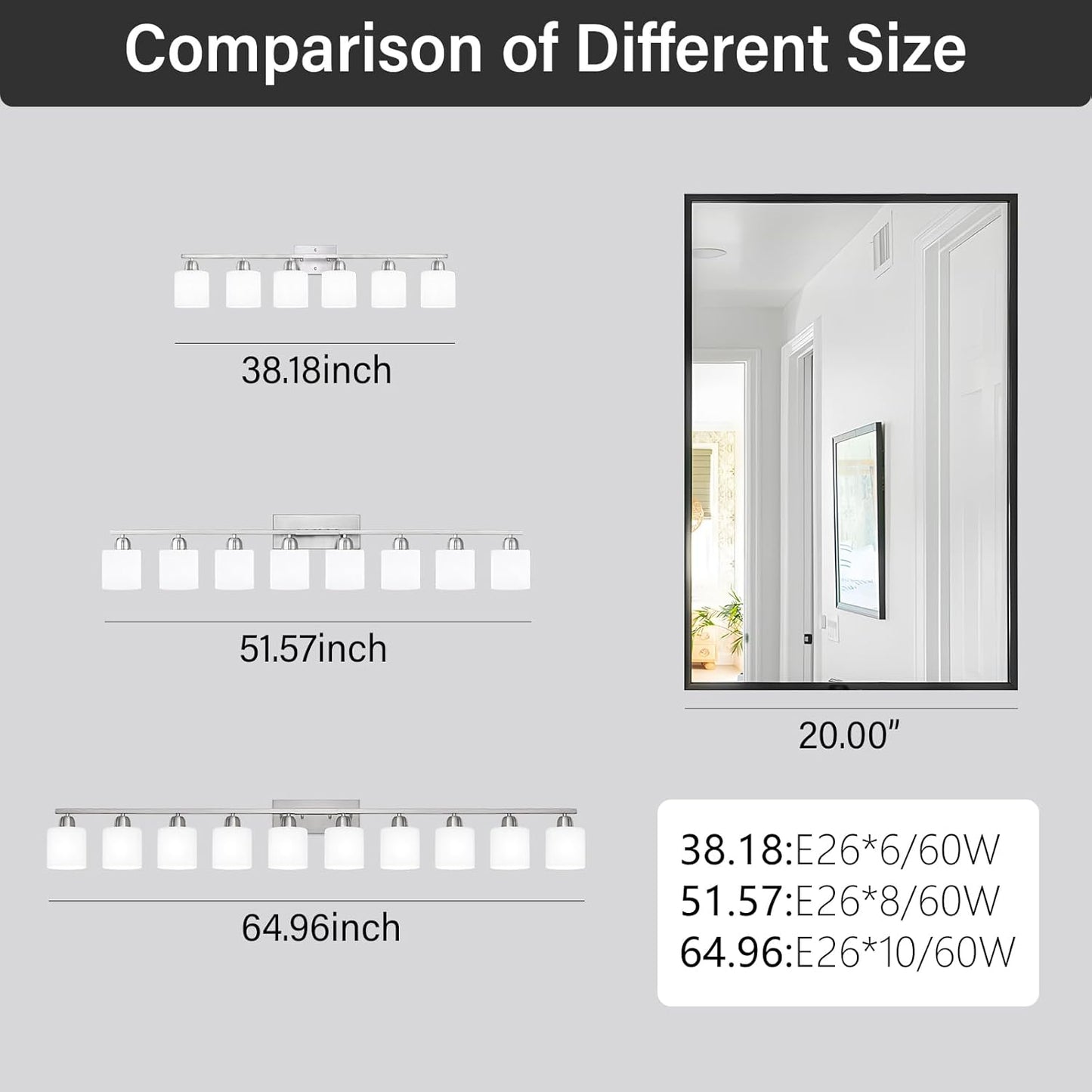 Brushed Nickel Bathroom Vanity Light for Giant Mirror, 10 Light Brushed Nickel Vanity Lights, 65 inch Wall Lamps for Bedroom for Mirrors with Milky White Frosted Glass Shades, E26
