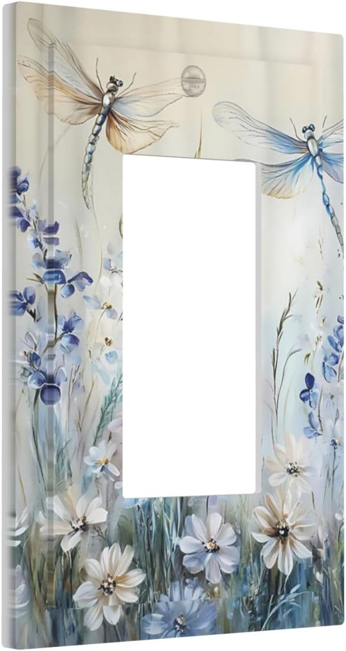 Decorative Outlet Covers Watercolor Dragonfly Blue Wihte Flower 1 Gang Rocker Light Switch Cover Plate Single Wall Plates for Electrical Outlets Switch Plate Covers Faceplate for Home Decor