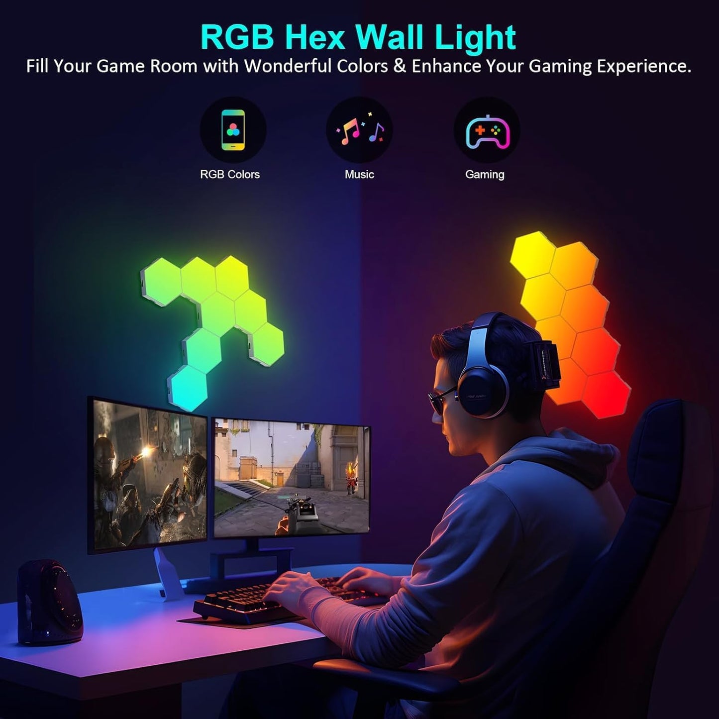 Hexagon LED Lights 20 Pack - RGB Wall Panels with Music Sync, Smart App & Remote Control, DIY Modular Hex Light for Gaming Room, Bedroom, Living Room, Wall Decor