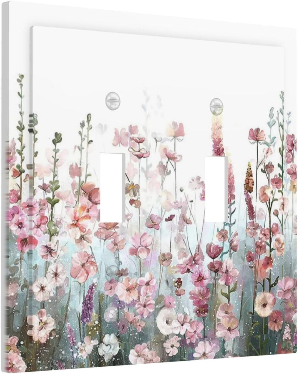Colorful Flowers Pink Floral Watercolor Plant Decorative Switch Plates 2 Gang Double Toggle Outlet Light Switch Cover Wall Plate Electrical Faceplate for Bed Room Living Room Decor