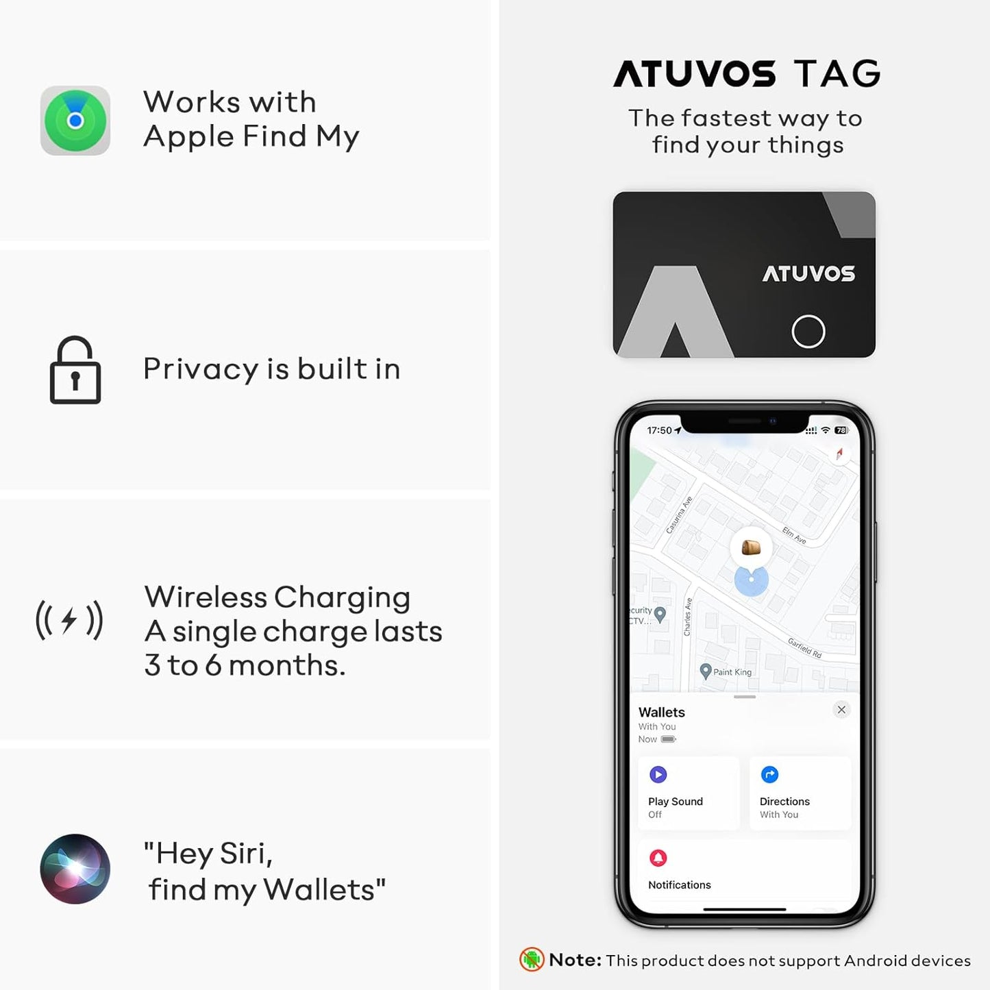 ATUVOS Rechargeable Wallet Tracker Card, Slim 1.6mm Smart Air Tag Card Works with Apple Find My (iOS Only), Bleuooth Item Locator for Purse/Luggage/Bags/Passpoart, IP67 Waterproof, Wireless Charging