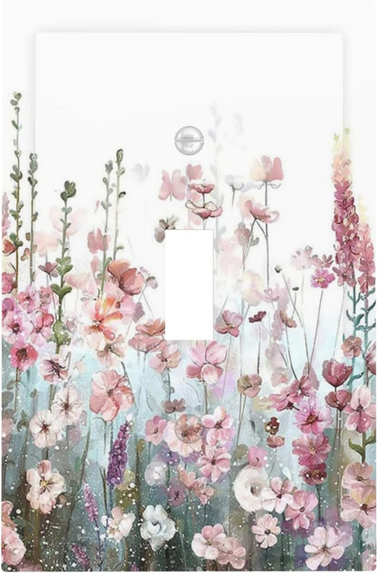 Colorful Flowers Pink Floral Watercolor Plant Decorative Light Switch Cover 1 Gang Single Toggle Device Electrical Faceplate Switchplates Decorator Outlet Wall Plate for Bed Room Living Room Decor