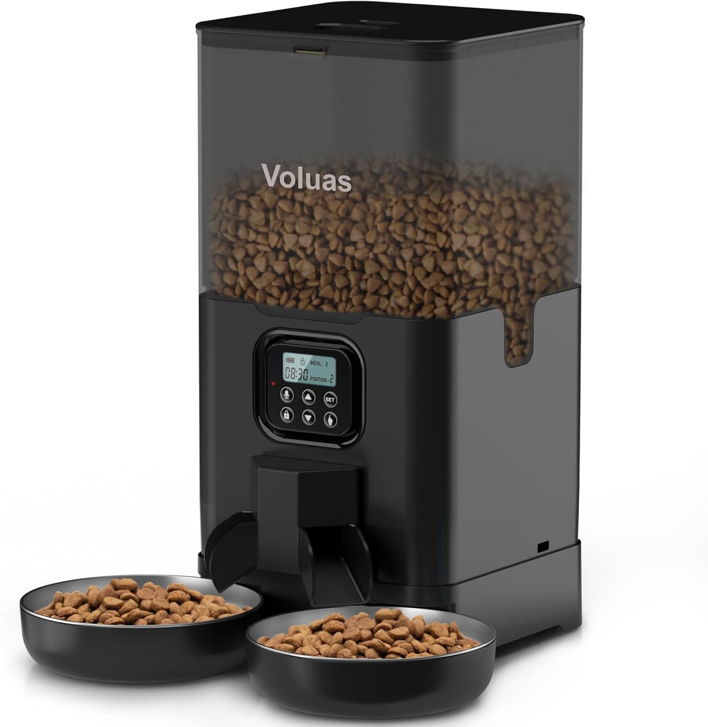 Voluas Automatic Cat Feeder for Two Cats, Double Pet Feeder with 2 Stainless Steel Bowls,6L Timed Cat Feeders with Memory Function
