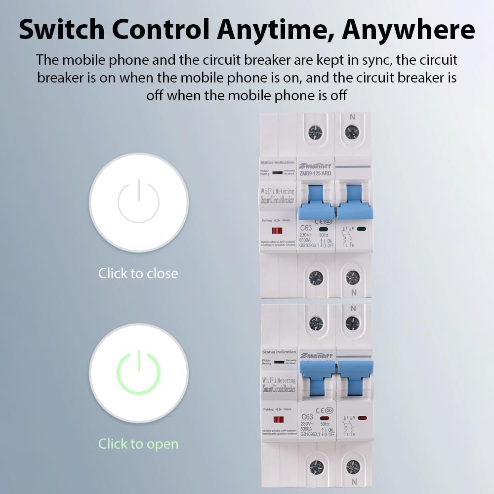 2P Smart Circuit Breaker, 100A 220V WiFi Smart Energy Monitor Switch Meter, One-Click Switch, APP Remote Switch, Miniature Circuit Breakers, Remote Control with TY APP for Apartments