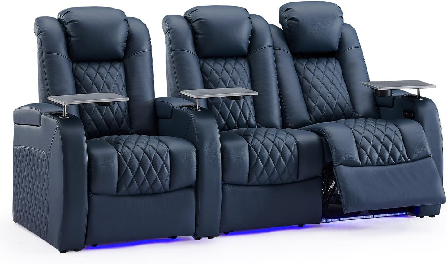 Weilianda Home Theater Seating Top Grain Leather Zero Gravity Recliner Chair Power Headrest Recline Movie Seat Gaming 7 Colors Mood Light Sofa with Tray Table USB Charge Row of 3 Loveseat Right Blue