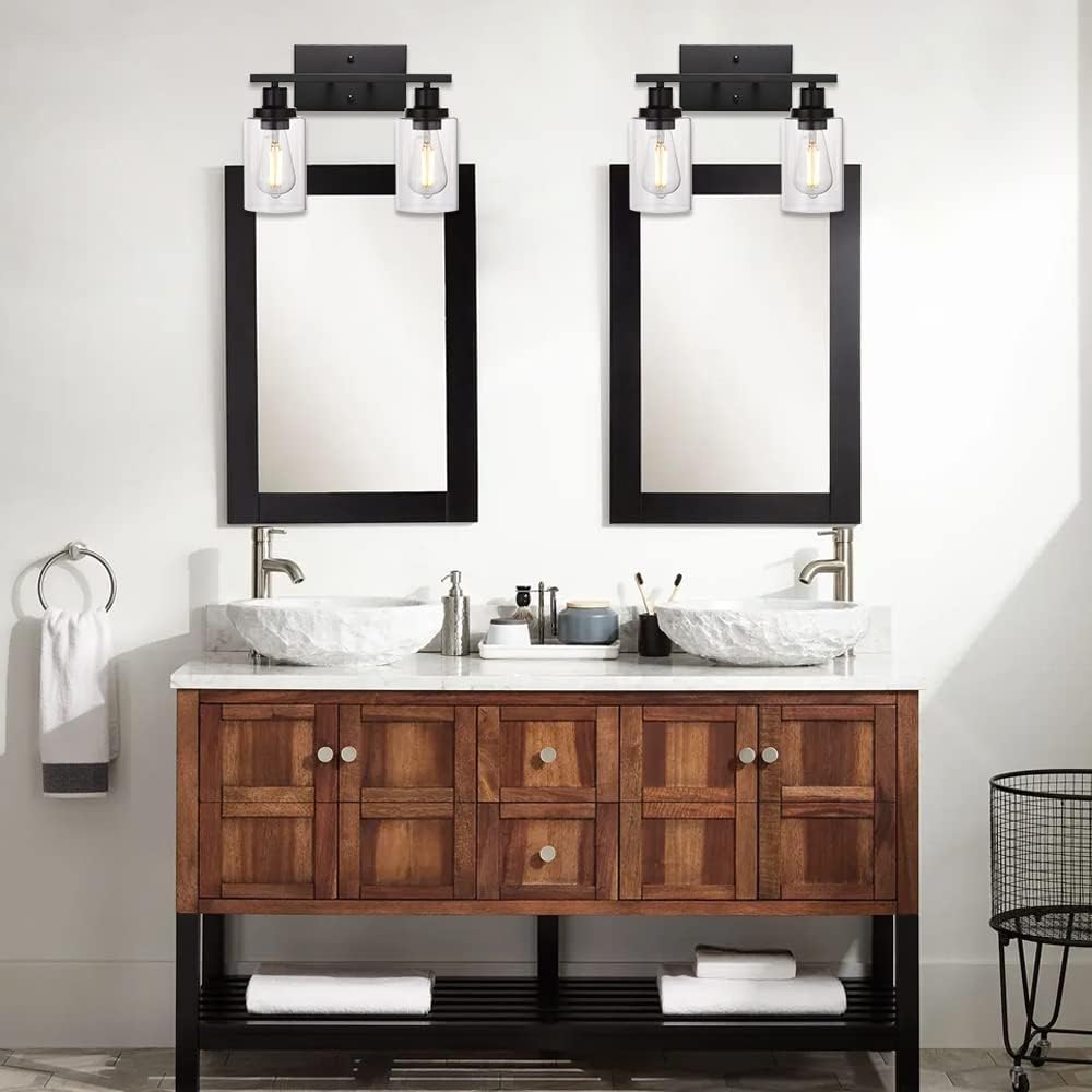 MELUCEE 2-Light Black Wall Sconce Industrial Vintage with Clear Glass Shade and Metal Base, Bathroom Vanity Lights Hallway Light Fixture Sconces Wall Lighting (Patent No.: US D963914 S)