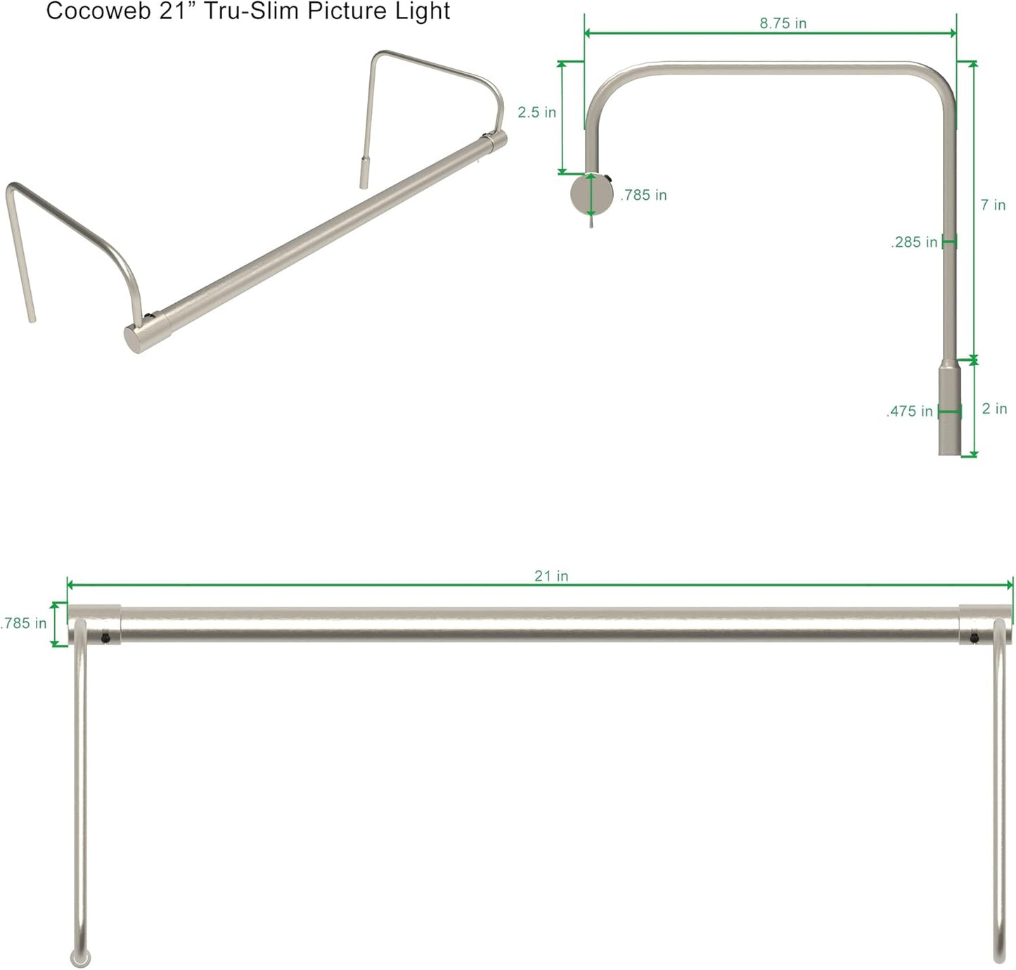 Cocoweb 21 Inch Tru-Slim Satin Nickel Picture Light - LED, 2700K, Adjustable Arm, Plug-in, Toggle Switch, Sleek and Compact Design