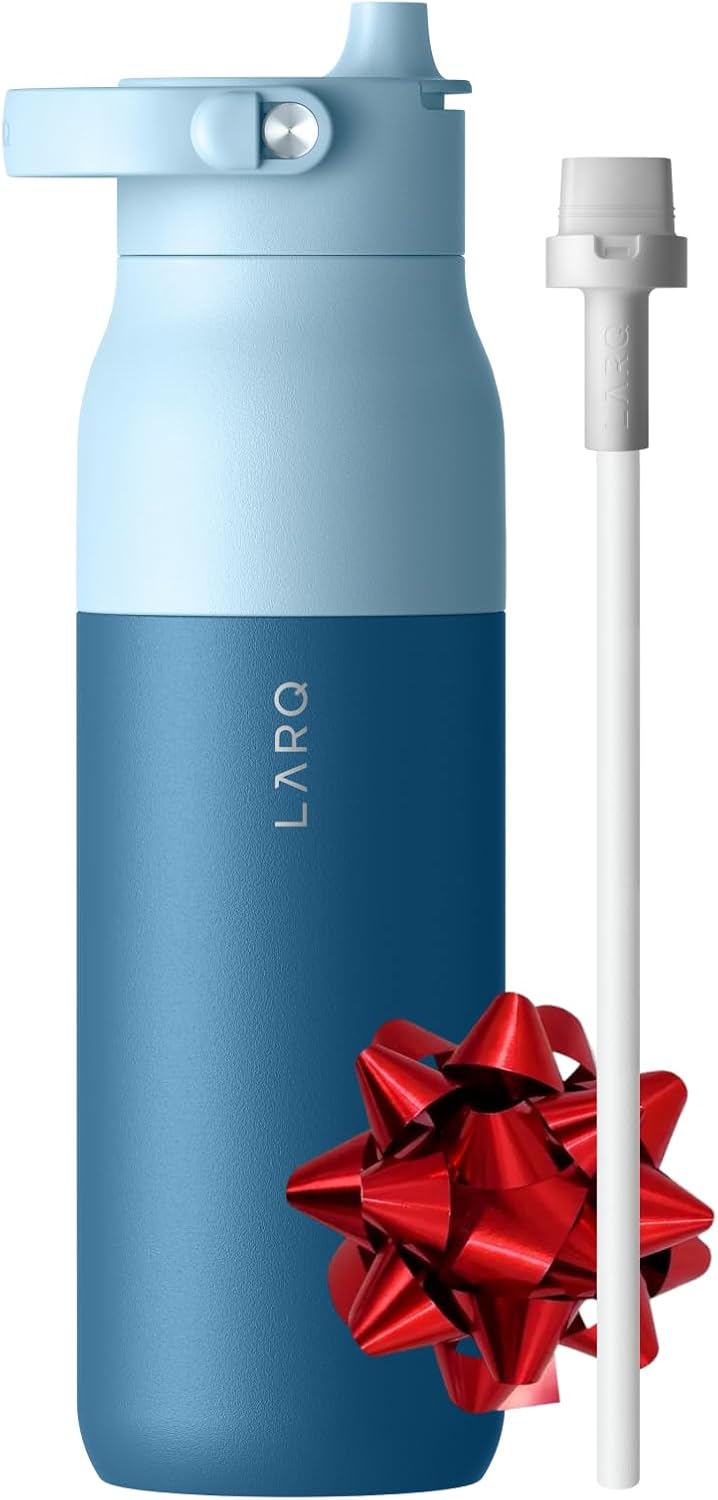 LARQ Bottle Swig Top 34oz - Insulated Reusable Stainless Steel Water Bottle With Built-In Silicone Handle | BPA Free | For Sports, Gym, and Travel | Amalfi Blue