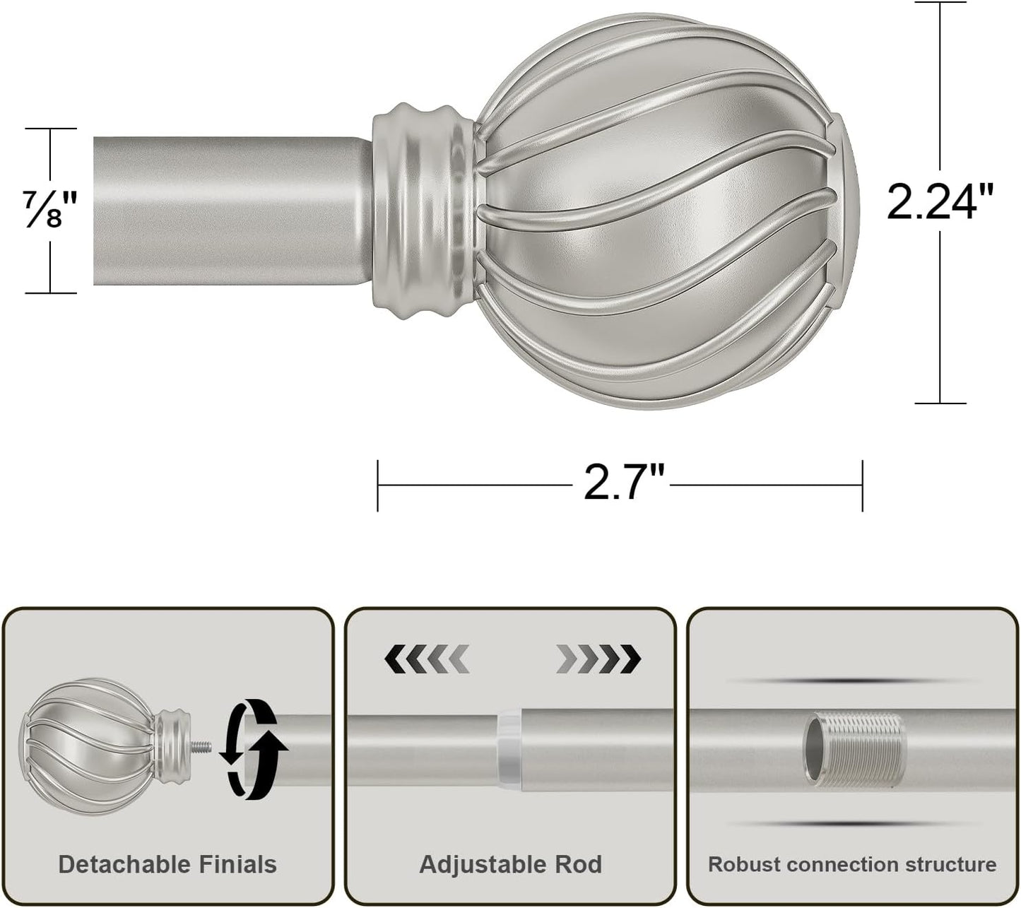 Silver Curtain Rods for Windows 72 to 144 Inch Adjustable Long Window Curtain Rod 7/8" Diamete Heavy Duty with Decorative Finials for Farmhouse Bedroom Living Room Kitchen Outdoor