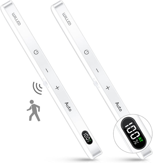 WILLED Under Cabinet Lights Rechargeable, Battery Display, 60 LED Touch Light Bar, Motion Sensor Light Indoor, Battery Operated Closet Light Wireless, Stick on Under Counter Lights for Kitchen(2 Pack)