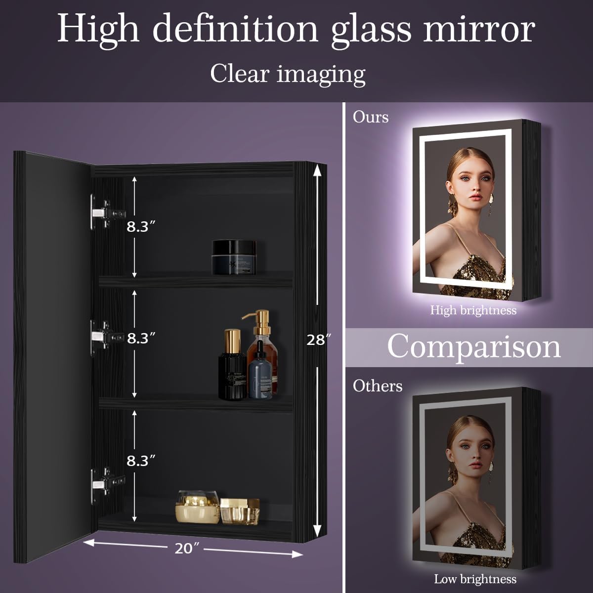 20 x 28 Inch Black Wood Led Medicine Cabinet Mirror with Lights Storage Wooden Cabinets Smart Memory 3 Color Dimmable AntiFog 28" Bathroom Lighted Medicine Cabinet with Mirror and LED Light