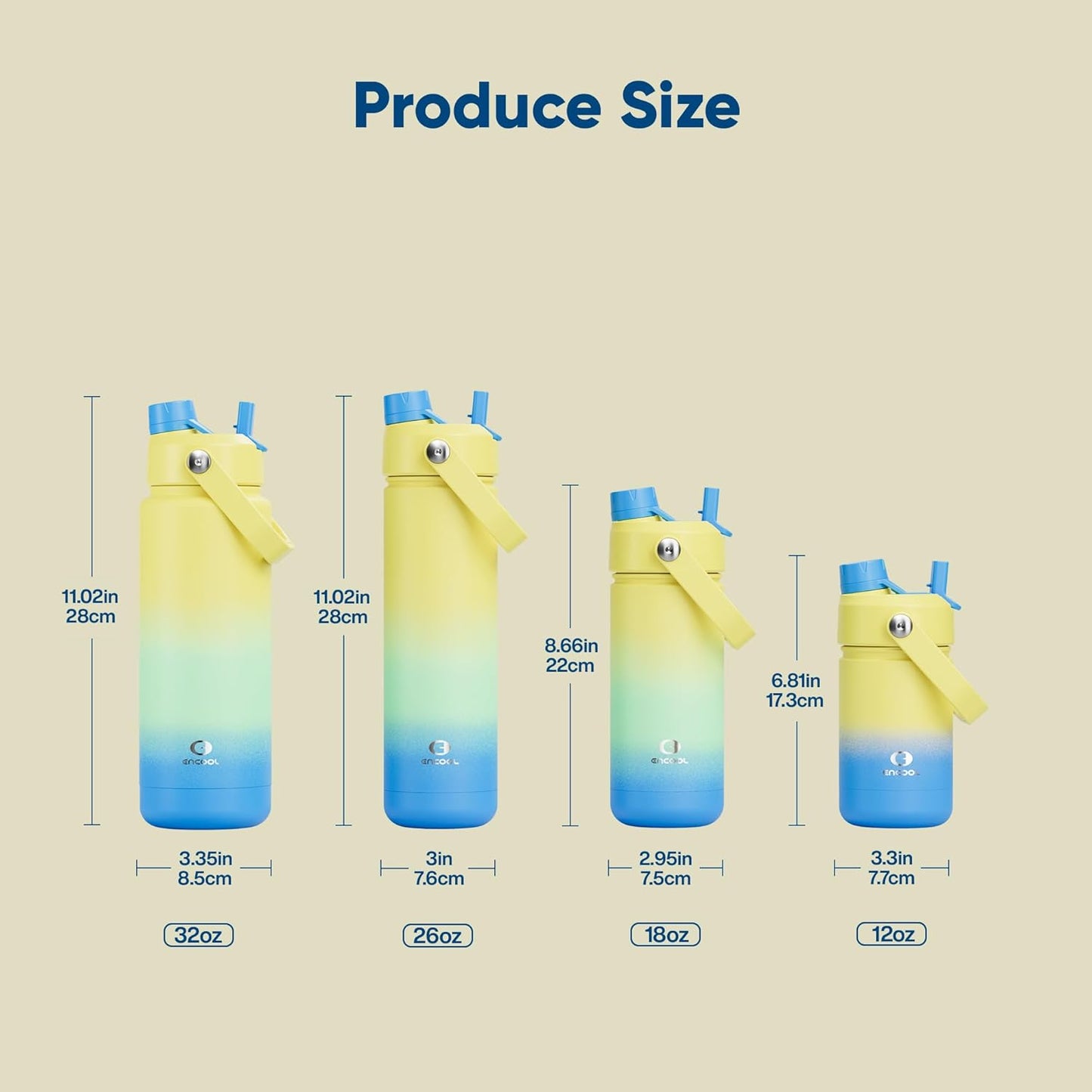 ENCOOL Insulated Water Bottle with Straw Stainless Steel Water Bottle, Leak-Proof, BPA-Free, Double Wall Vacuum Keeps Cold for 24 Hours for Sports, Travel, School (26 oz, Soft Lagoon)