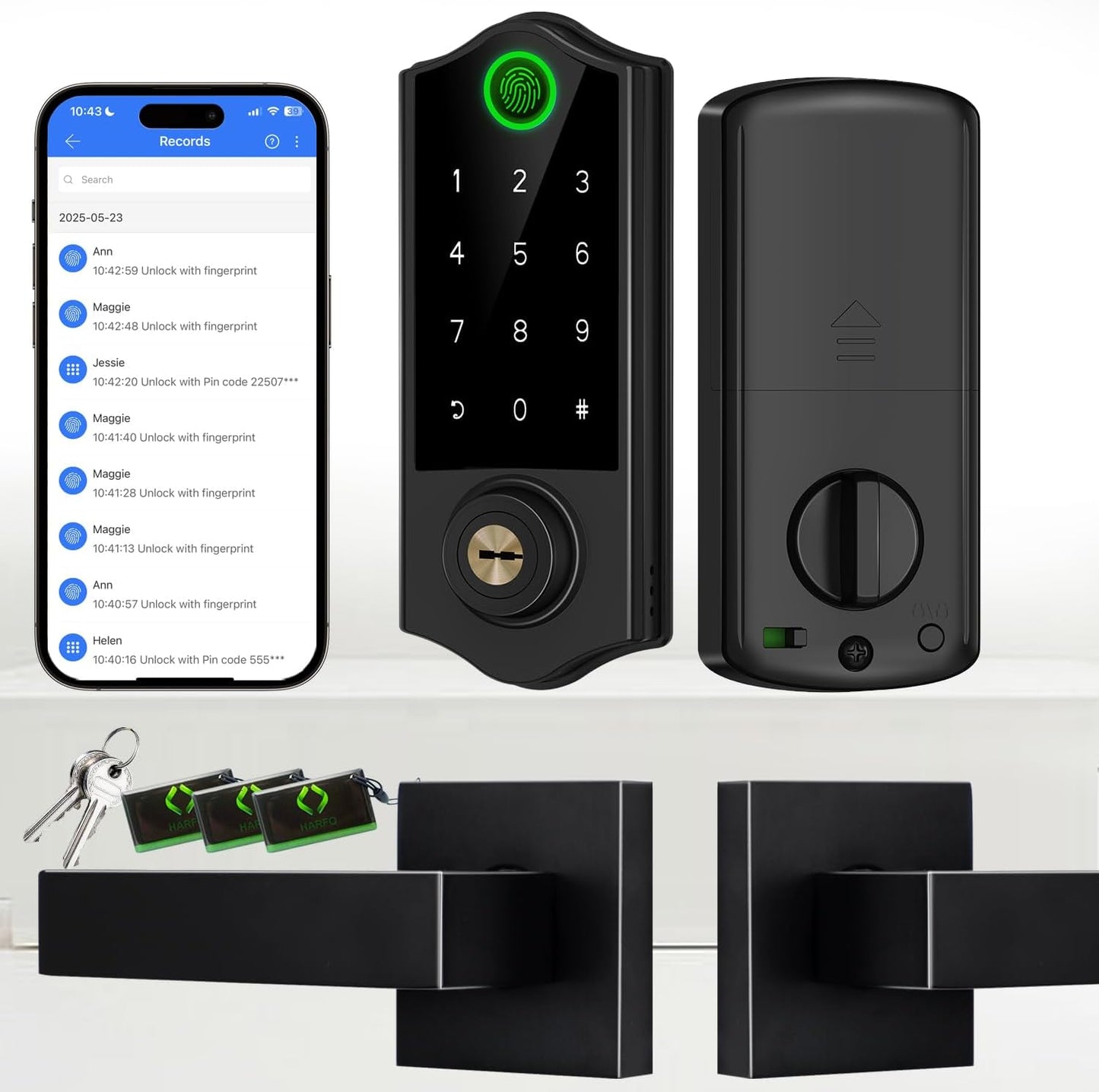Harfo Fingerprint Smart Door Locks with Handles, App Control, Keyless Entry Front Door Lock Set, Bluetooth Digital Electronic Touchscreen Keypad Deadbolt, Easy Installation, Black