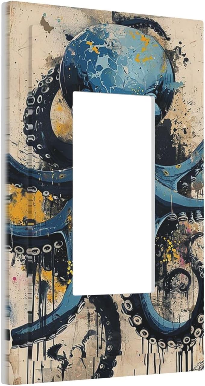 Decorative Outlet Covers Nautical Vintage Blue Octopus Yellow Eyes Oil Watercolor 1 Gang Single Rocker Light Switch Cover Plate Wall Plates GFCI Faceplate for Kids room Nursery Decor