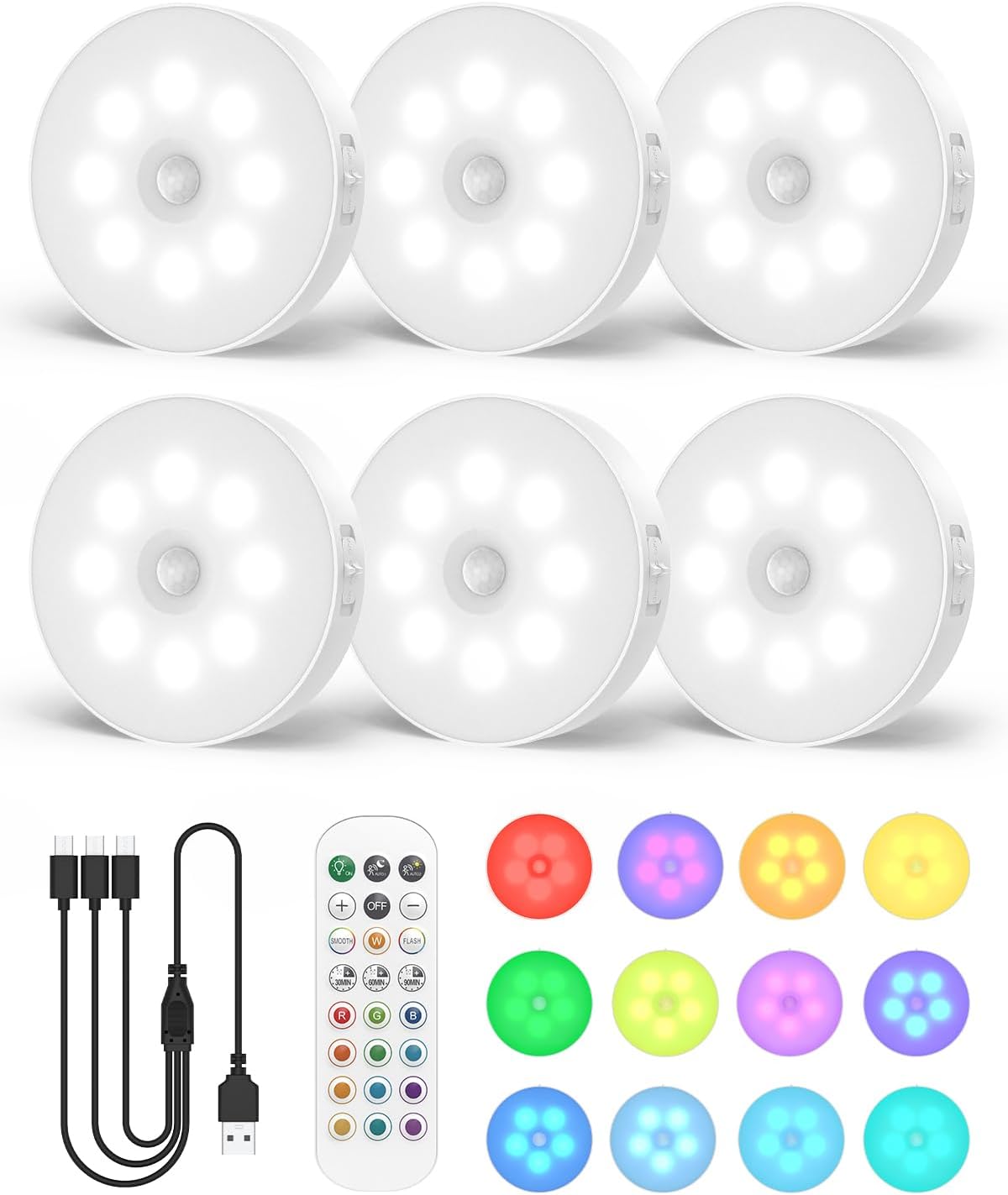 6-Pack RGB Rechargeable Puck Lights with Remote, 13 Color Motion Sensor Puck Lights, Magnetic Stick on Light, Dimmable Under Cabinet Lights for Shelf, Bedroom, Kitchen